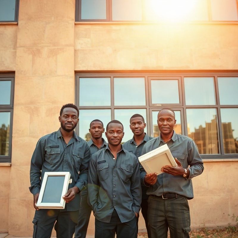 Small professional team of window installation technicians in front of a Nairobi building