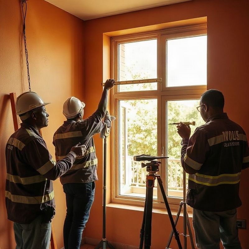 Glazing technicians measuring a large aluminium window opening in a Nairobi residential building